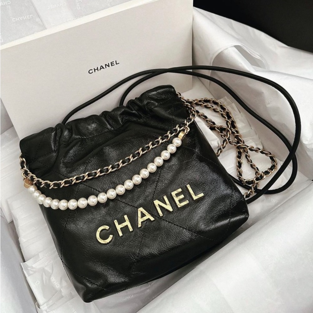 New Chanel 23S Mini 22 Black Shiny Crumpled Calfskin  Gold HDW & Pearl Strap Bag
